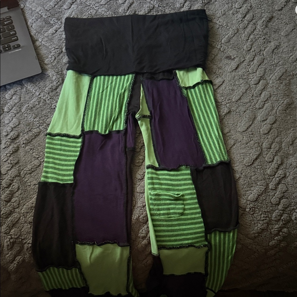 Patchwork Wide Leg Pants - Black, Green, and Purple